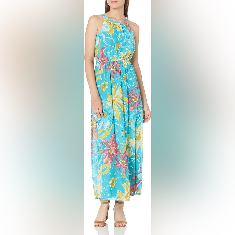 Nine West Aqua Multi Floral Halter Neck Maxi Dress Resort‎ Vacation Size 8